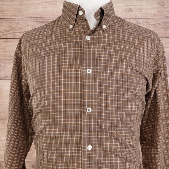 ROUNDTREE & YORKE LONG SLEEVE BROWN PLAID BUTTON DOWN SHIRT MENS SZ XL - Picture 1 of 6